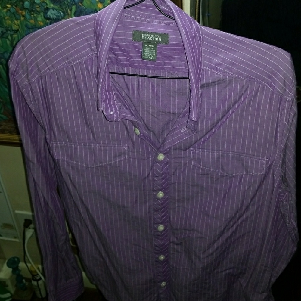 KennethCole Reaction Purple,White Sriped Button Up